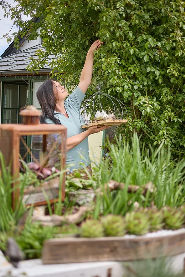 Frau hängt Dekokorb in einen Gartenbaum, umgeben von Grünpflanzen und Holzkonstruktionen.